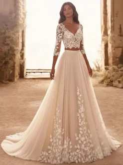 Robe de mariée 2 Pièces en tulle Crème Vanille manches 3/4 Robe de mariée dentelle Robes de mariée