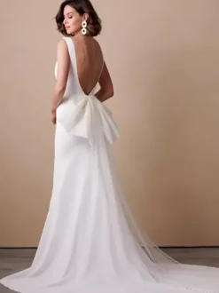 Robe de mariée avec traîne sans manches n艙uds col en V robes de mariée