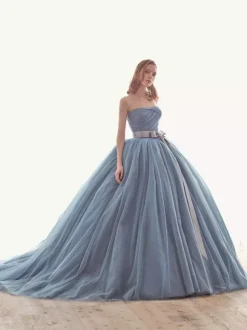 Robe de mariée bleue avec train bustier sans manches à lacets taille naturelle longue tull polyester robes de mariée