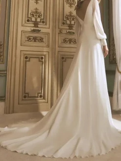 Robe de mariée bohème Robe de mariée vintage charleston col bateau manche longue dos en V à traîne