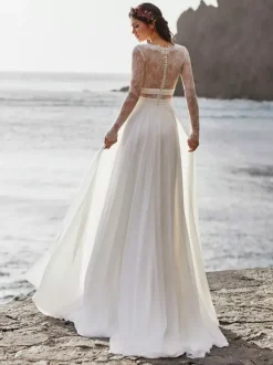 Robe de mariée Boho ivoire robe de mariée à la plage col v manche longue en dentelle au sol