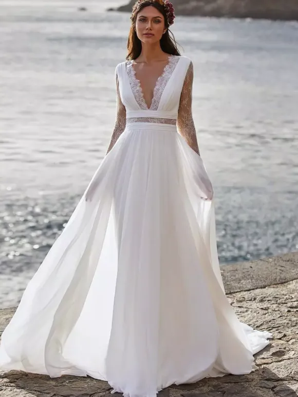 Robe de mariée Boho ivoire robe de mariée à la plage col v manche longue en dentelle au sol