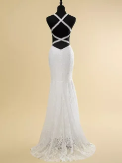 Robe de mariée col en V sans manches taille naturelle découpée avec traîne robe de mariée sirène