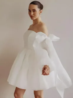 Robe de mariée courte bustier manches longues coupe princesse taille naturelle en organza