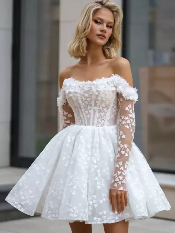 Robe de mariée courte col bateau manches 3/4 coupe trapèze