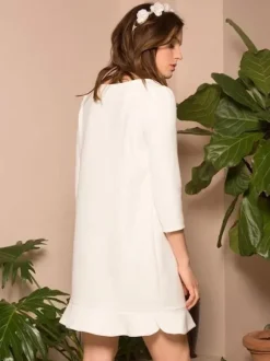 Robe de mariée courte col bijou manches 3/4 longueur A-ligne robes de mariée