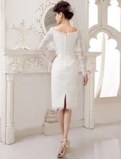 Robe de mariée courte col bateau manche longue zip sur dos en dentelle