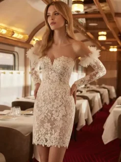 Robe de mariée courte décolleté en c艙ur manches 3/4 taille naturelle en dentelle