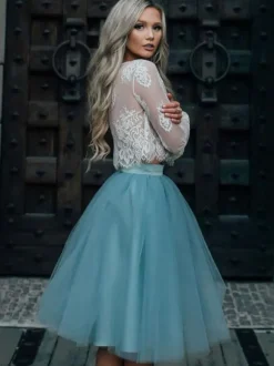 Robe de mariée courte manche longue top en dentelle jupe en tulle 2 pièces