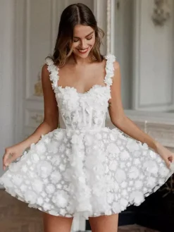 Robe de mariée courte mini robe de mariée courte sans manches à col en c艙ur