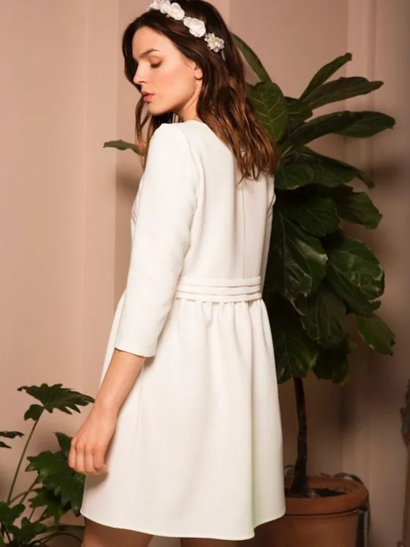 Robe de mariée courte robe de mariage civil col rond3/4 manches zip sur dos