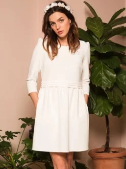 Robe de mariée courte robe de mariage civil col rond3/4 manches zip sur dos