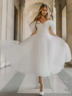 Robe de mariée courte Robe de mariée 2 Pièces boule Avec traîne Ivoire  sans manches col V Robes de mariée