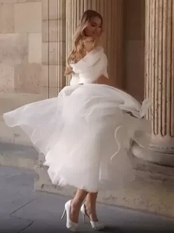 Robe de mariée courte Robe de mariée 2 Pièces boule Avec traîne Ivoire  sans manches col V Robes de mariée