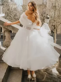 Robe de mariée courte Robe de mariée 2 Pièces boule Avec traîne Ivoire  sans manches col V Robes de mariée
