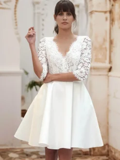 Robe de mariée courte Robe de mariée civil col V demi manche boutonné sur dos longuer au dessus de genou