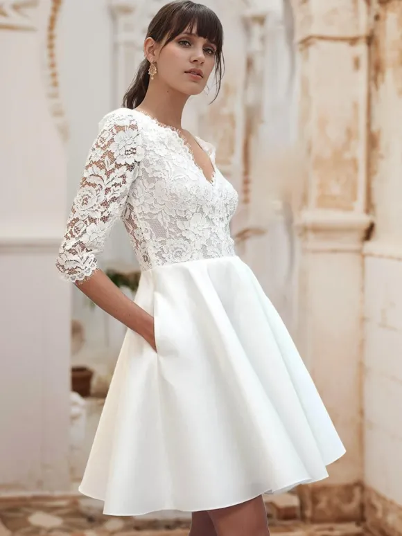 Robe de mariée courte Robe de mariée civil col V demi manche boutonné sur dos longuer au dessus de genou