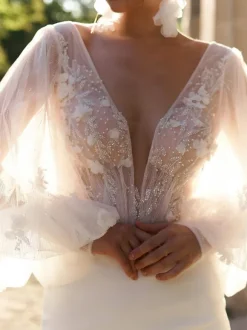 Robe de mariée courte robe mariage civil en dentelle décoré des fleurs col v manche longue noeud sur dos