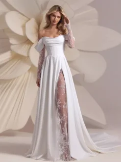 Robe de mariée dentelle Ivoire Cou original manches longues détail zip Robes de mariée