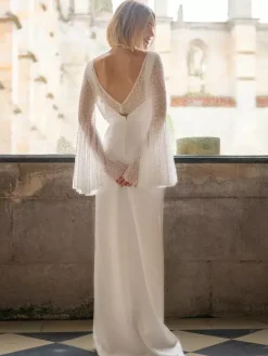 Robe de mariée deux pièces en satin en dentelle décolleté robe de bal avec traîne boutons fonctionnels manches longues longueur 30 cm ivoire