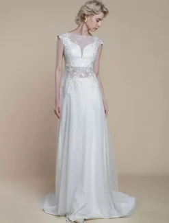 Robe de mariée deux pièces en dentelle décolleté illusion fourreau avec traîne fermeture éclair manches courtes longueur 30 cm ivoire