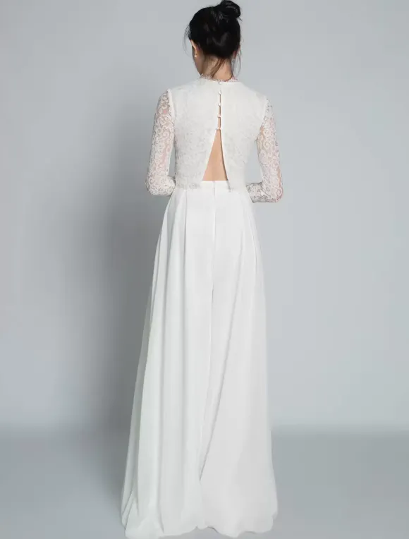 Robe de mariée deux pièces Haut et pantalon col montant manche longue boutonné sur dos