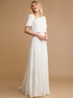 Robe de mariée deux pièces Top en crêpe jupe en mousseline boutonnée sur dos