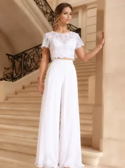 Robe de mariée haut-pantalon tenue de mairée 3 pièces en dentelle et mousseline col rond manche courte zip sur dos