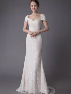 Robe de mariée ivoire en dentelle col en coeur manche courte zip sur dos Robe de mariage
