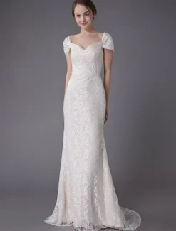 Robe de mariée ivoire en dentelle col en coeur manche courte zip sur dos Robe de mariage