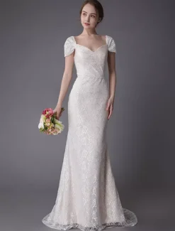 Robe de mariée ivoire en dentelle col en coeur manche courte zip sur dos Robe de mariage