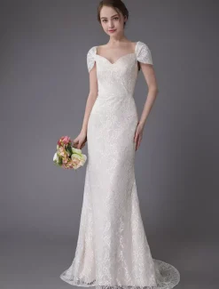 Robe de mariée ivoire en dentelle col en coeur manche courte zip sur dos Robe de mariage