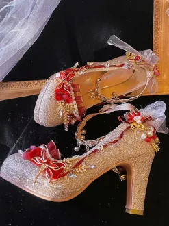 Robe de mariée Lolita Chaussures Lolita Bloc de couleur or Perles Chaînes Fleurs Bout rond Escarpins Lolita en cuir PU