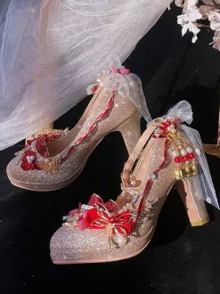 Robe de mariée Lolita Chaussures Lolita Bloc de couleur or Perles Chaînes Fleurs Bout rond Escarpins Lolita en cuir PU