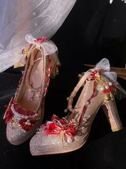 Robe de mariée Lolita Chaussures Lolita Bloc de couleur or Perles Chaînes Fleurs Bout rond Escarpins Lolita en cuir PU