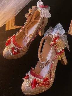 Robe de mariée Lolita Chaussures Lolita Bloc de couleur or Perles Chaînes Fleurs Bout rond Escarpins Lolita en cuir PU