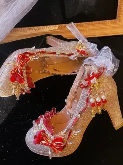 Robe de mariée Lolita Chaussures Lolita Bloc de couleur or Perles Chaînes Fleurs Bout rond Escarpins Lolita en cuir PU