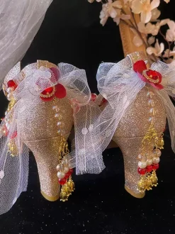 Robe de mariée Lolita Chaussures Lolita Bloc de couleur or Perles Chaînes Fleurs Bout rond Escarpins Lolita en cuir PU