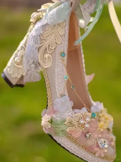 Robe de mariée Lolita Chaussures Lolita Dentelle rose Volants Perles Fleurs Bout rond Chaussures Lolita en cuir PU