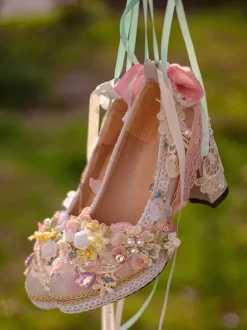 Robe de mariée Lolita Chaussures Lolita Dentelle rose Volants Perles Fleurs Bout rond Chaussures Lolita en cuir PU
