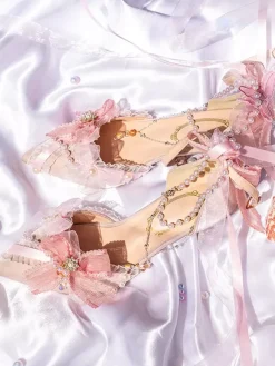 Robe de mariée Lolita Chaussures Lolita Bloc de couleur rose N艙uds Perles Volants Bout pointu Chaussures Lolita