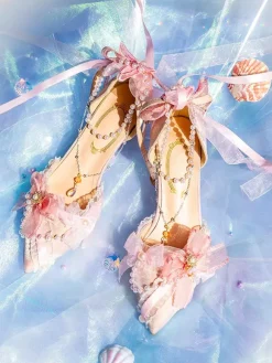 Robe de mariée Lolita Chaussures Lolita Bloc de couleur rose N艙uds Perles Volants Bout pointu Chaussures Lolita