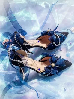 Robe de mariée Lolita Chaussures Lolita Bloc de couleur rose N艙uds Perles Volants Bout pointu Chaussures Lolita