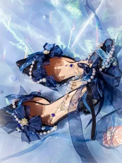Robe de mariée Lolita Chaussures Lolita Bloc de couleur rose N艙uds Perles Volants Bout pointu Chaussures Lolita