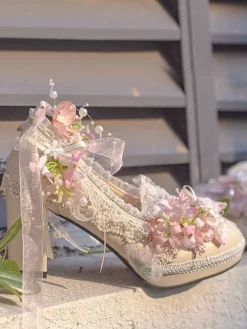 Robe de mariée Lolita Chaussures Lolita Bloc de couleur violet Dentelle Fleurs N艙uds Bout rond Escarpins Lolita en cuir PU