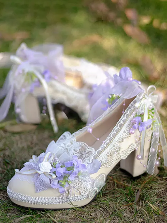 Robe de mariée Lolita Chaussures Lolita Bloc de couleur violet Dentelle Fleurs N艙uds Bout rond Escarpins Lolita en cuir PU
