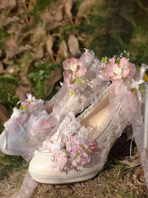 Robe de mariée Lolita Chaussures Lolita Bloc de couleur violet Dentelle Fleurs N艙uds Bout rond Escarpins Lolita en cuir PU