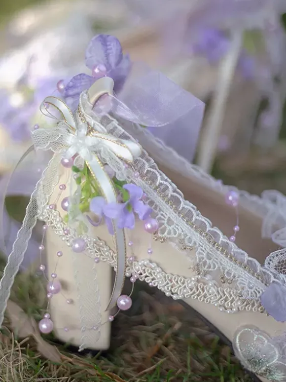 Robe de mariée Lolita Chaussures Lolita Bloc de couleur violet Dentelle Fleurs N艙uds Bout rond Escarpins Lolita en cuir PU