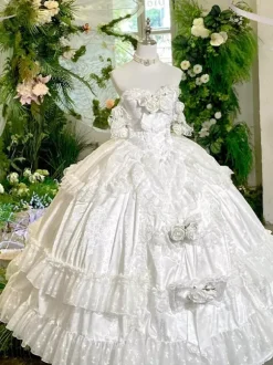 Robe de mariée Lolita princesse fée sans bretelles longue jusqu'au sol à plusieurs couches de fleurs
