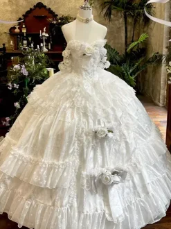 Robe de mariée Lolita princesse fée sans bretelles longue jusqu'au sol à plusieurs couches de fleurs
